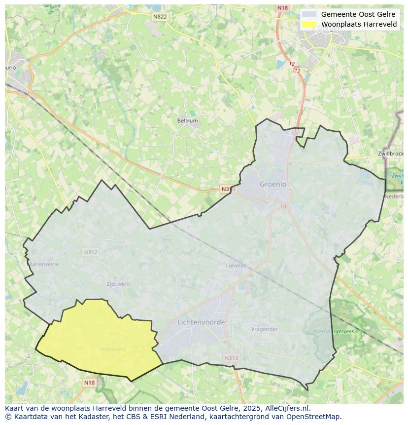 Afbeelding van de woonplaats Harreveld op de kaart.