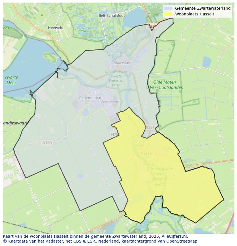 Afbeelding van de woonplaats Hasselt op de kaart.