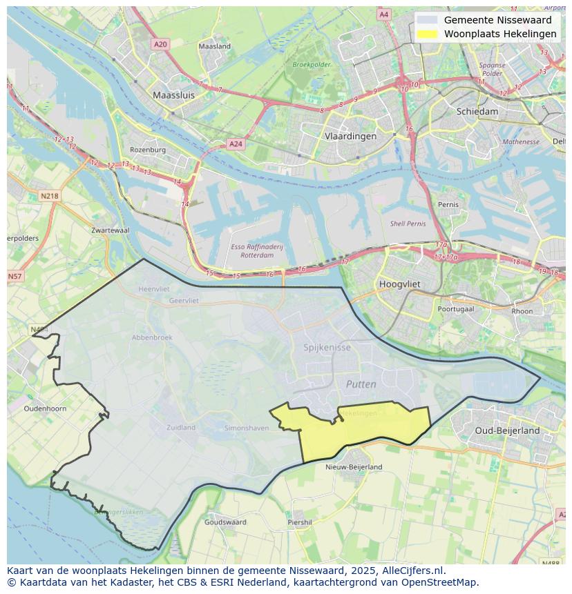 Afbeelding van de woonplaats Hekelingen op de kaart.