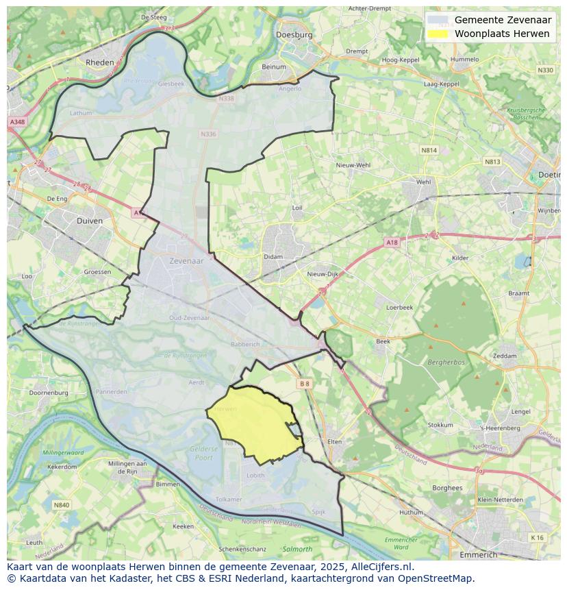 Afbeelding van de woonplaats Herwen op de kaart.