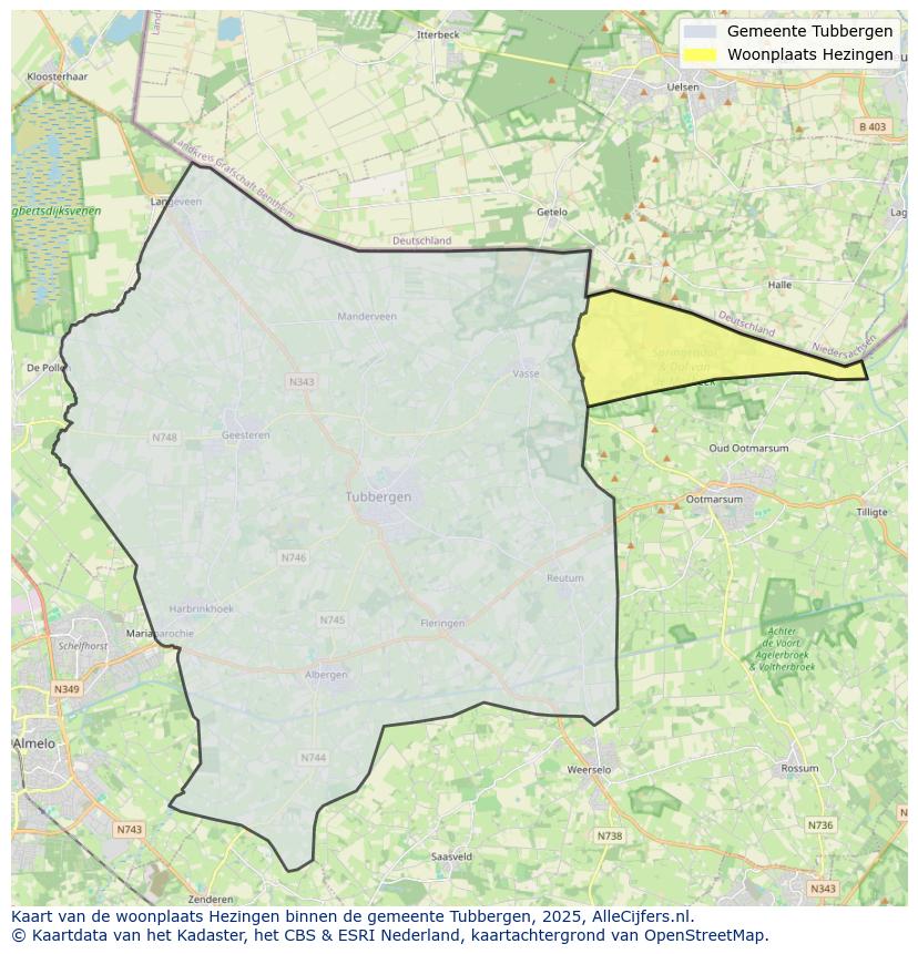 Afbeelding van de woonplaats Hezingen op de kaart.