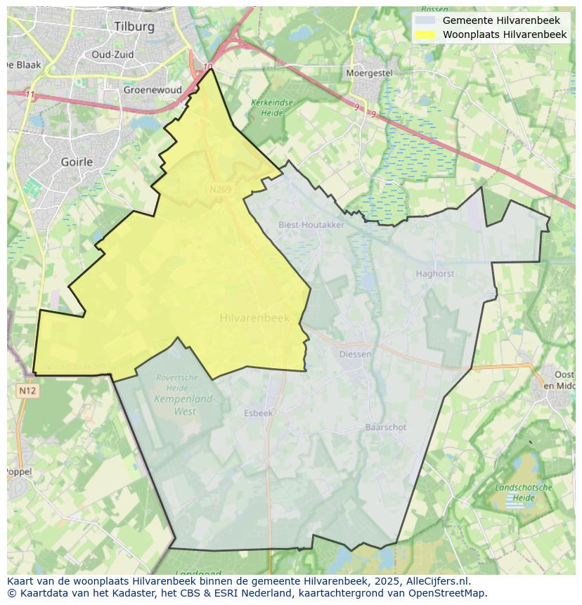Afbeelding van de woonplaats Hilvarenbeek op de kaart.