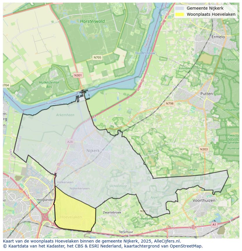 Afbeelding van de woonplaats Hoevelaken op de kaart.
