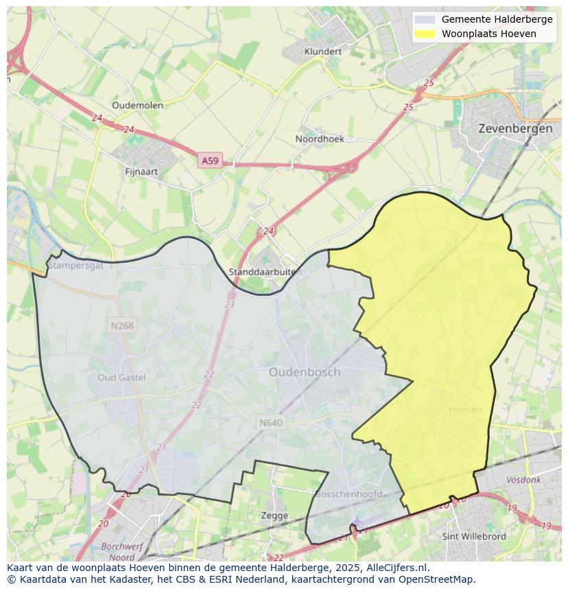 Afbeelding van de woonplaats Hoeven op de kaart.