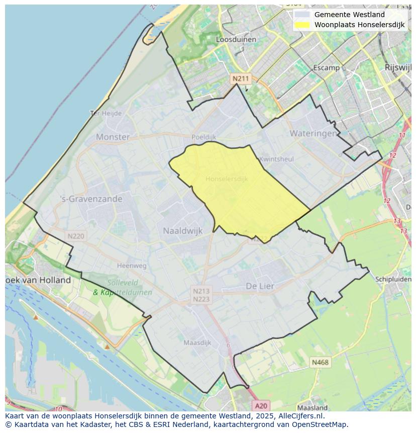 Afbeelding van de woonplaats Honselersdijk op de kaart.