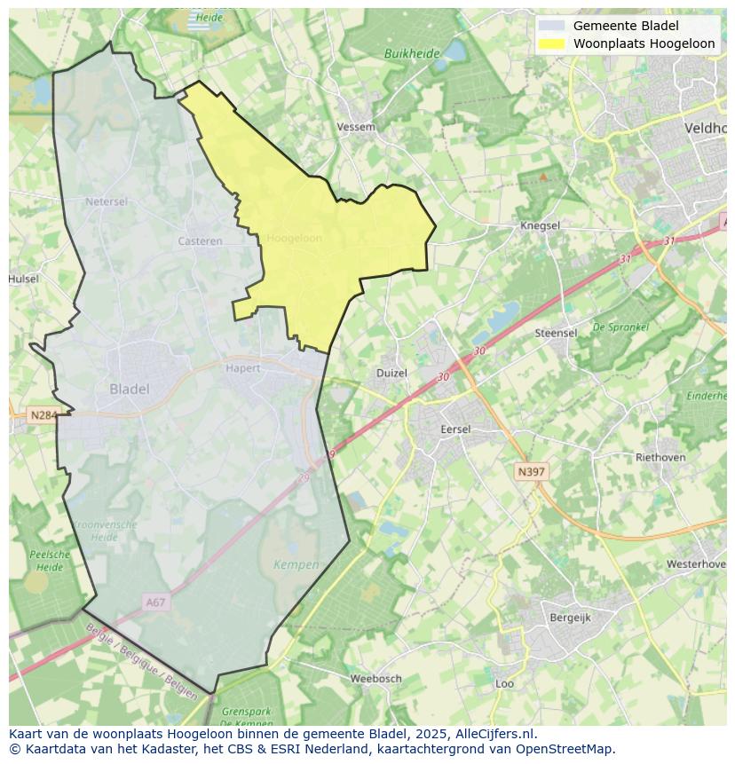 Afbeelding van de woonplaats Hoogeloon op de kaart.