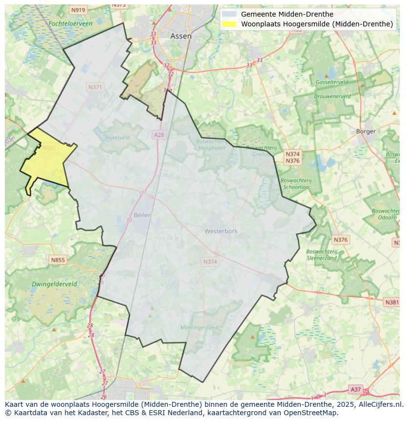 Afbeelding van de woonplaats Hoogersmilde op de kaart.