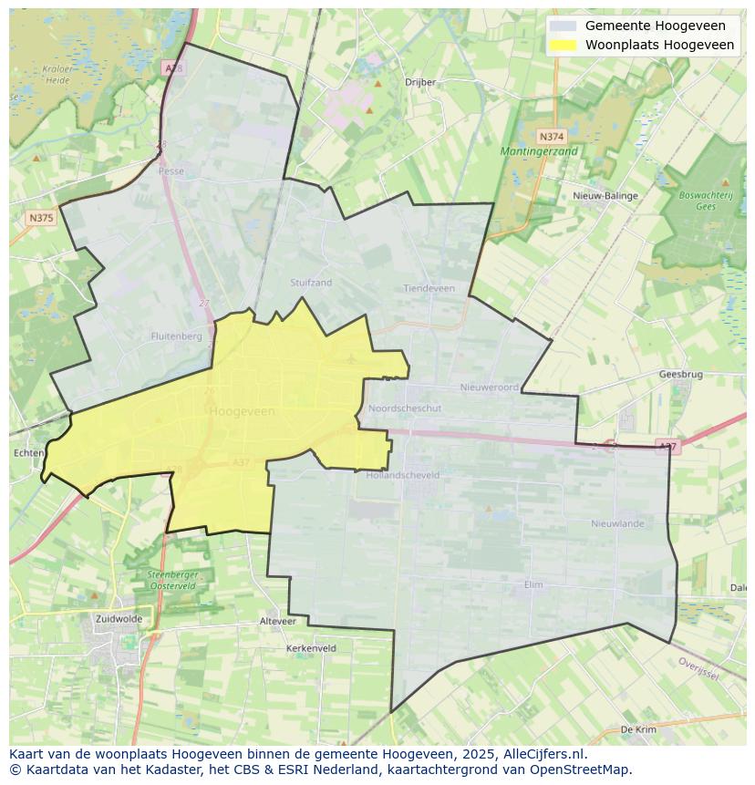 Afbeelding van de woonplaats Hoogeveen op de kaart.