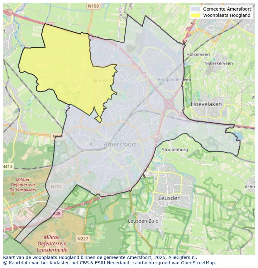 Afbeelding van de woonplaats Hoogland op de kaart.