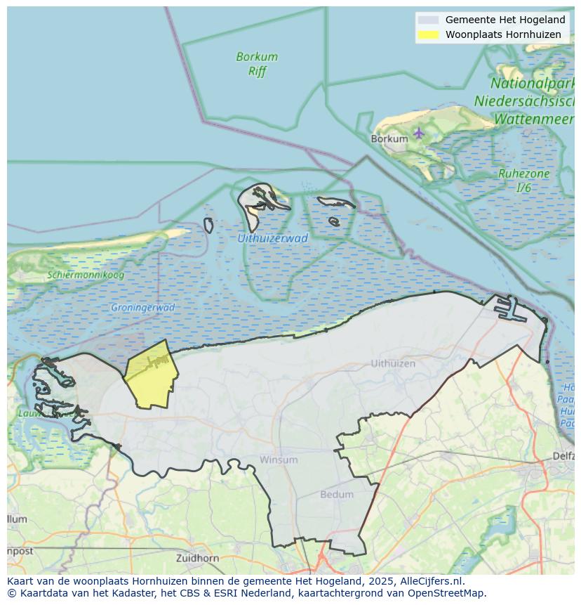 Afbeelding van de woonplaats Hornhuizen op de kaart.