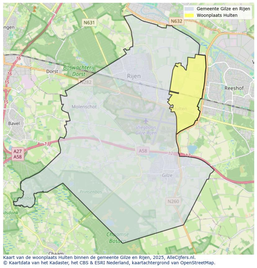 Afbeelding van de woonplaats Hulten op de kaart.