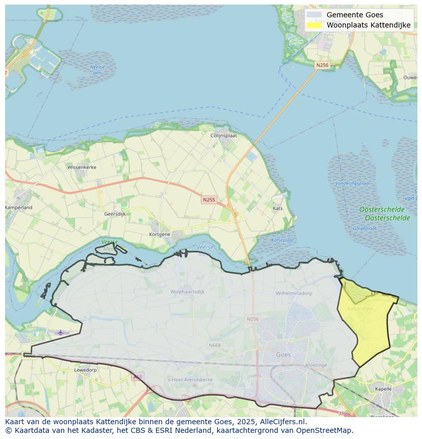 Afbeelding van de woonplaats Kattendijke op de kaart.