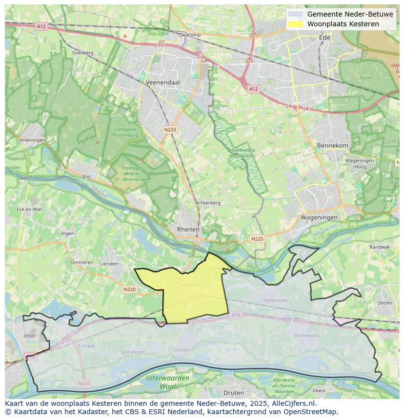 Afbeelding van de woonplaats Kesteren op de kaart.