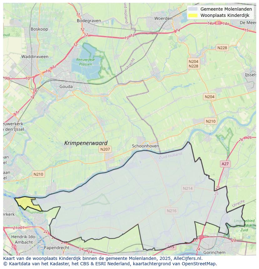 Afbeelding van de woonplaats Kinderdijk op de kaart.