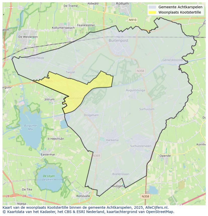 Afbeelding van de woonplaats Kootstertille op de kaart.