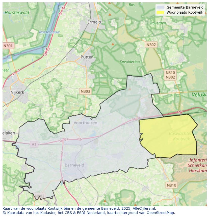 Afbeelding van de woonplaats Kootwijk op de kaart.