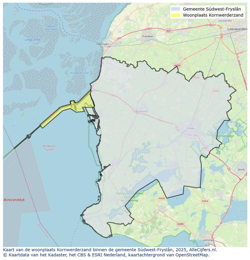 Afbeelding van de woonplaats Kornwerderzand op de kaart.