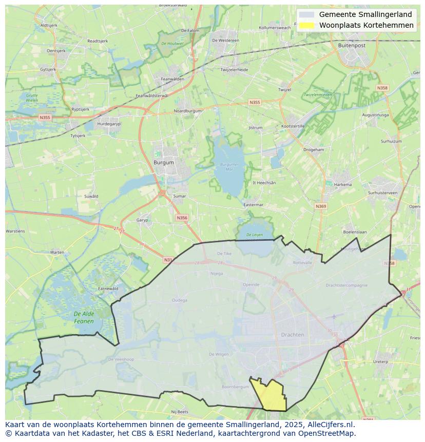 Afbeelding van de woonplaats Kortehemmen op de kaart.