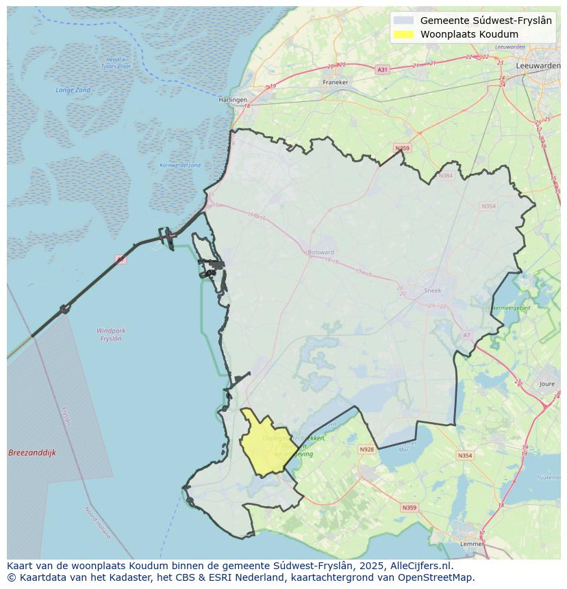 Afbeelding van de woonplaats Koudum op de kaart.
