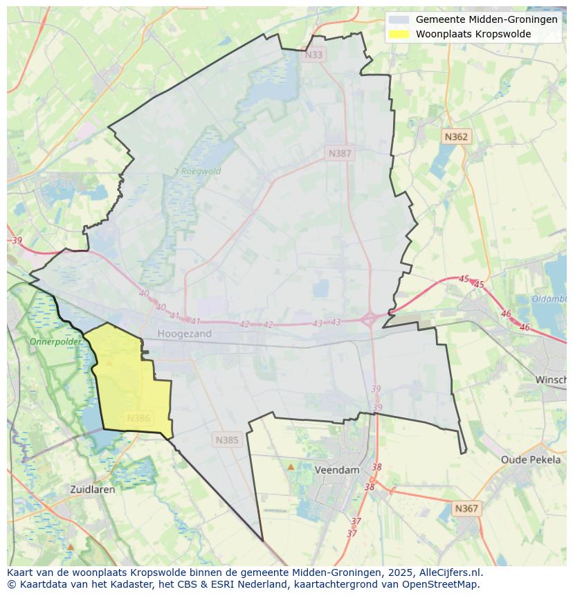 Afbeelding van de woonplaats Kropswolde op de kaart.