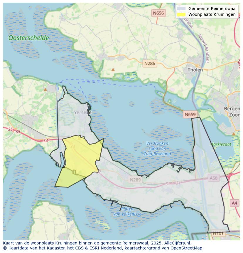 Afbeelding van de woonplaats Kruiningen op de kaart.