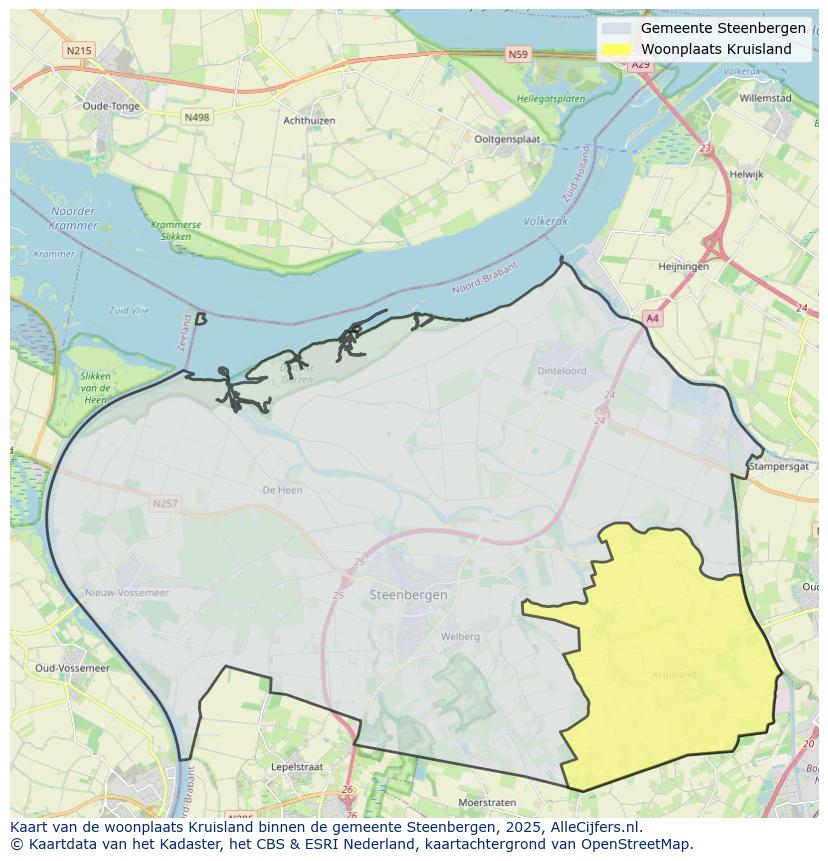 Afbeelding van de woonplaats Kruisland op de kaart.