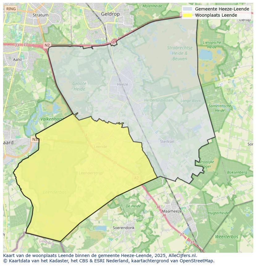 Afbeelding van de woonplaats Leende op de kaart.
