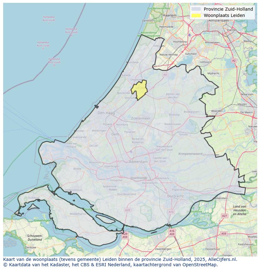 Afbeelding van de woonplaats Leiden op de kaart.