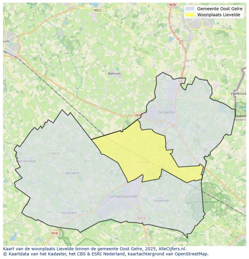 Afbeelding van de woonplaats Lievelde op de kaart.