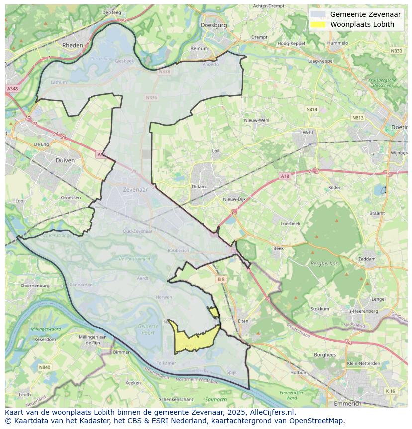Afbeelding van de woonplaats Lobith op de kaart.