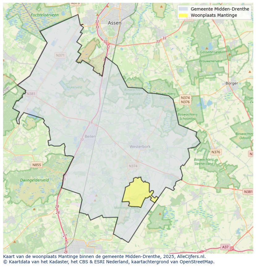 Afbeelding van de woonplaats Mantinge op de kaart.