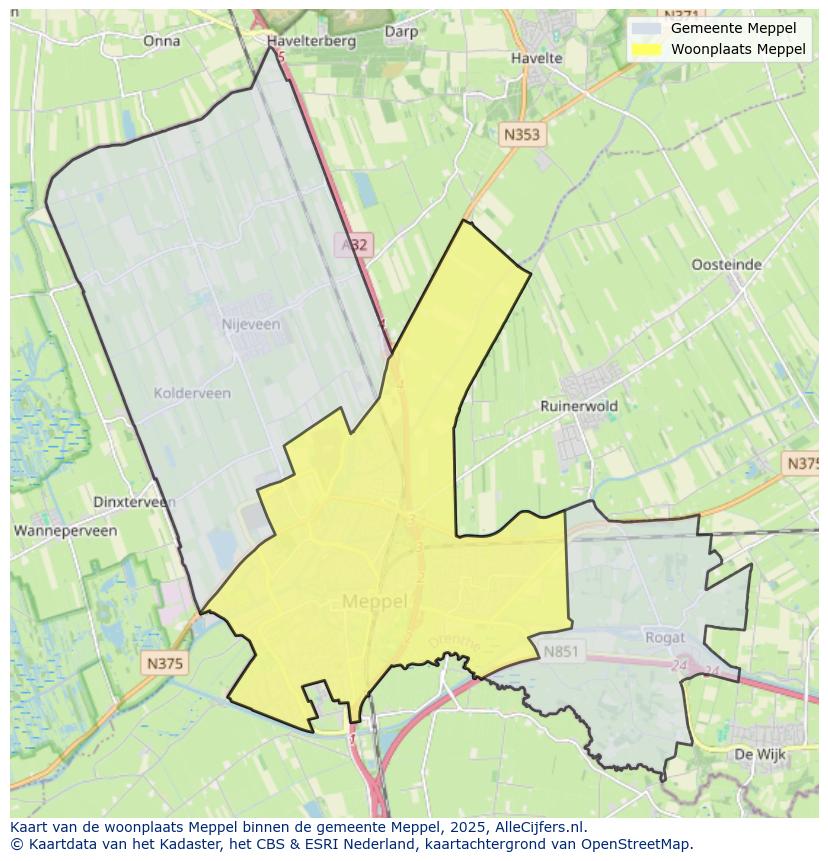 Afbeelding van de woonplaats Meppel op de kaart.