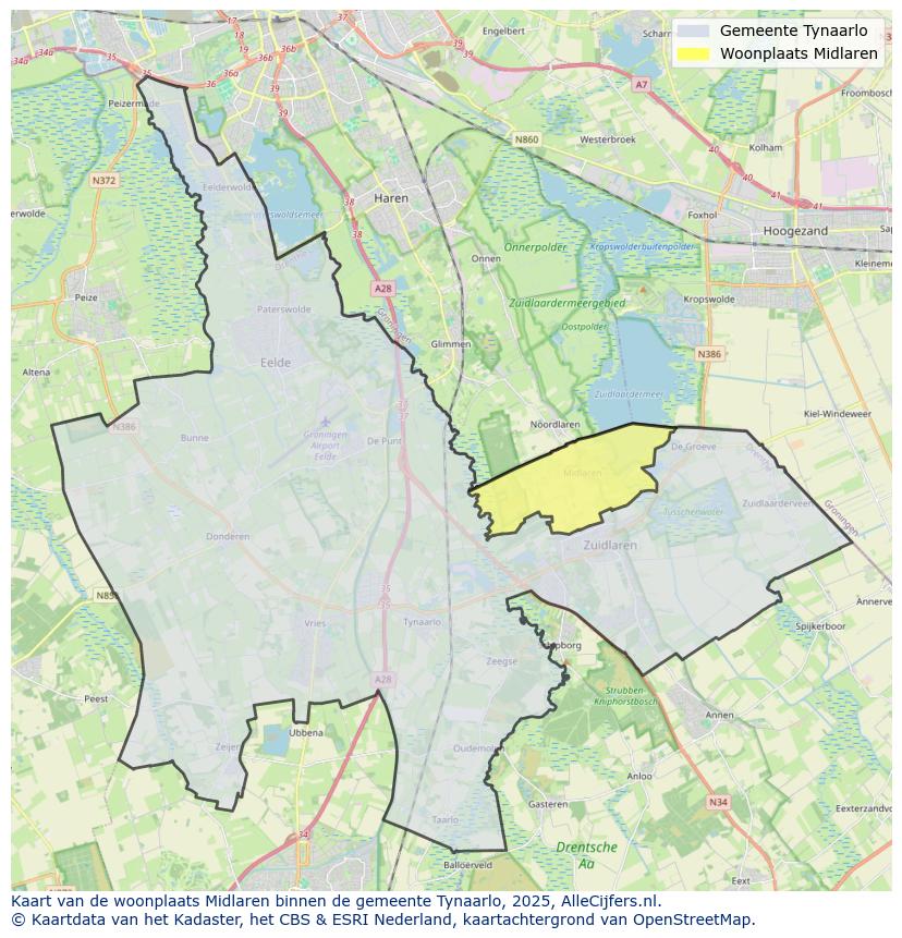 Afbeelding van de woonplaats Midlaren op de kaart.