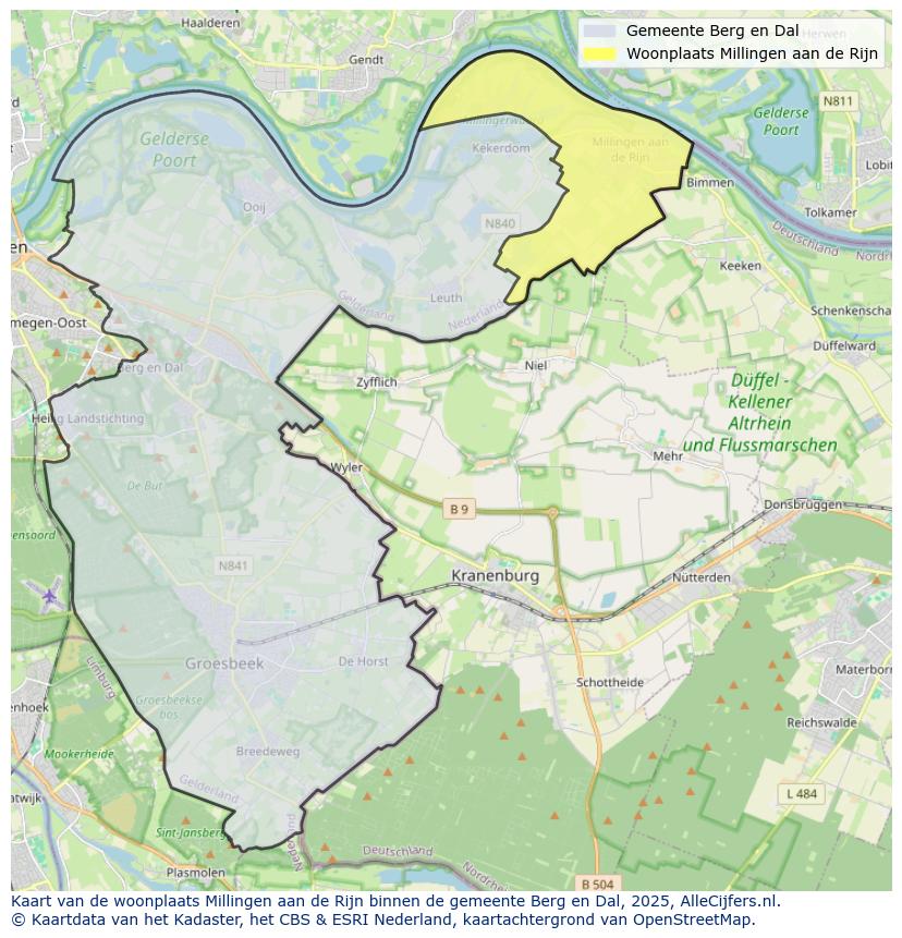Afbeelding van de woonplaats Millingen aan de Rijn op de kaart.