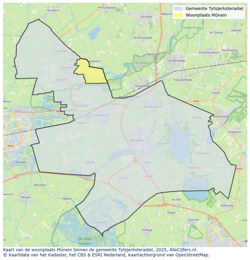 Afbeelding van de woonplaats Mûnein op de kaart.