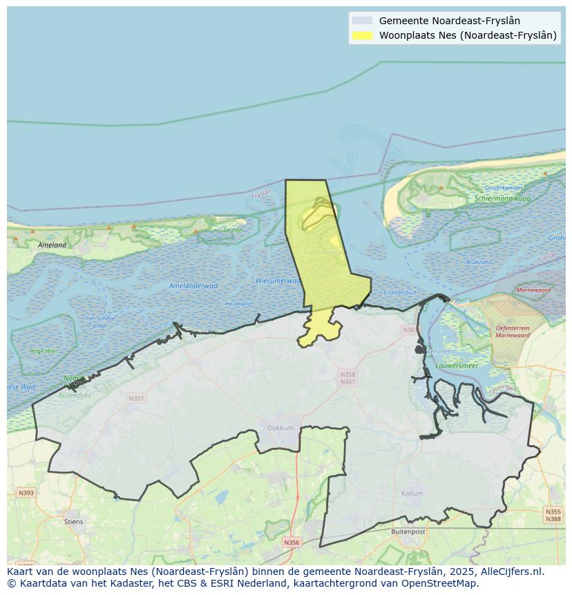 Afbeelding van de woonplaats Nes op de kaart.