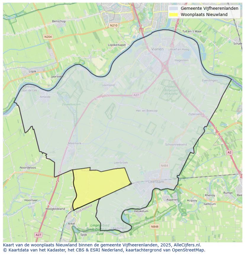 Afbeelding van de woonplaats Nieuwland op de kaart.