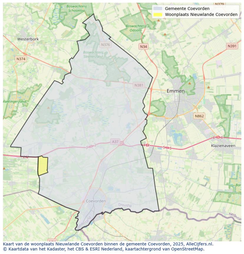 Afbeelding van de woonplaats Nieuwlande Coevorden op de kaart.