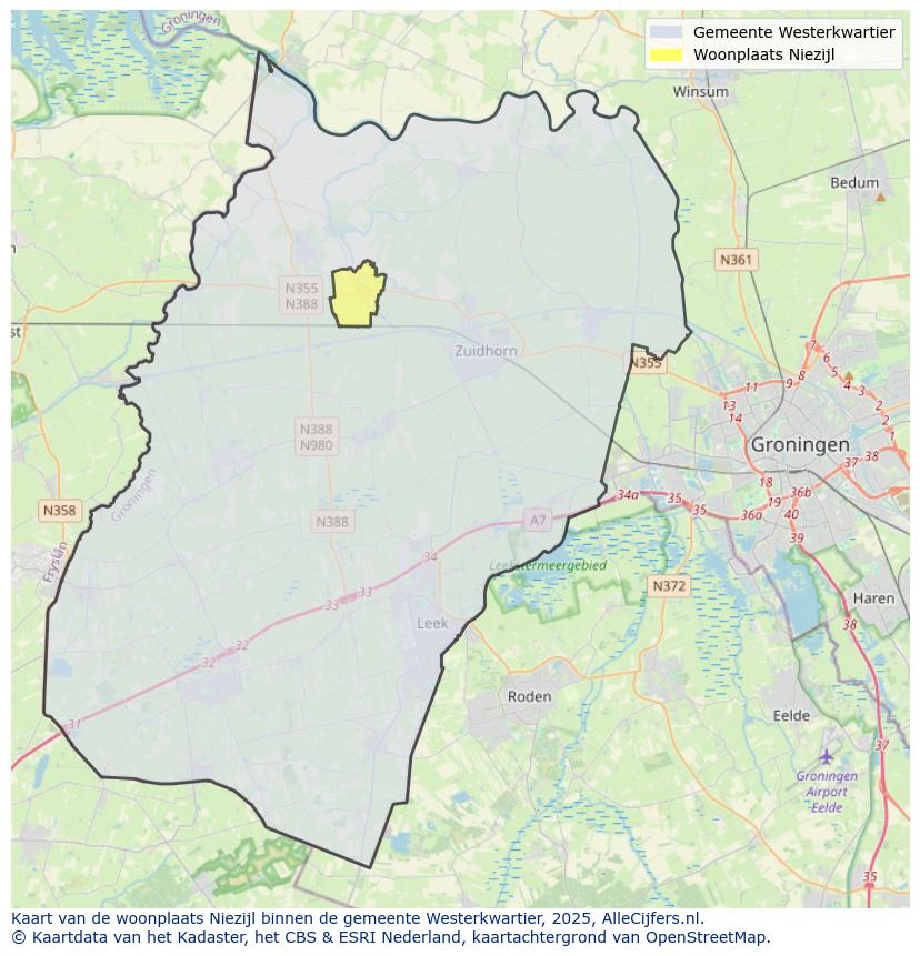 Afbeelding van de woonplaats Niezijl op de kaart.