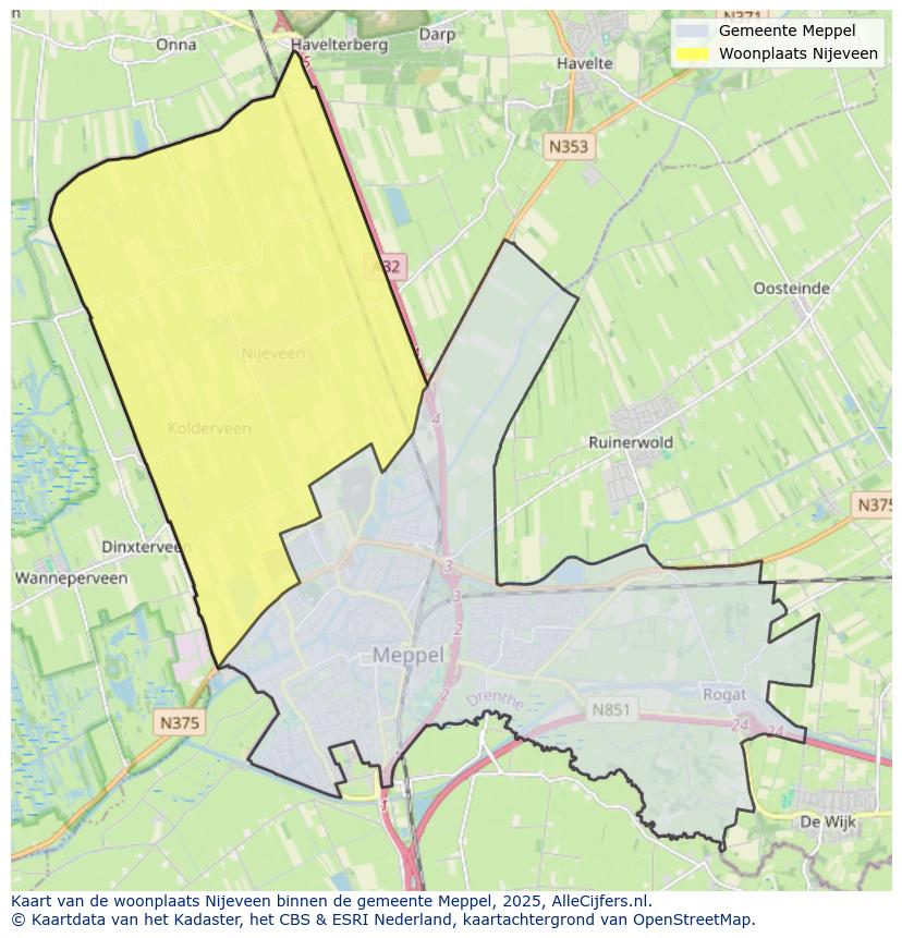 Afbeelding van de woonplaats Nijeveen op de kaart.