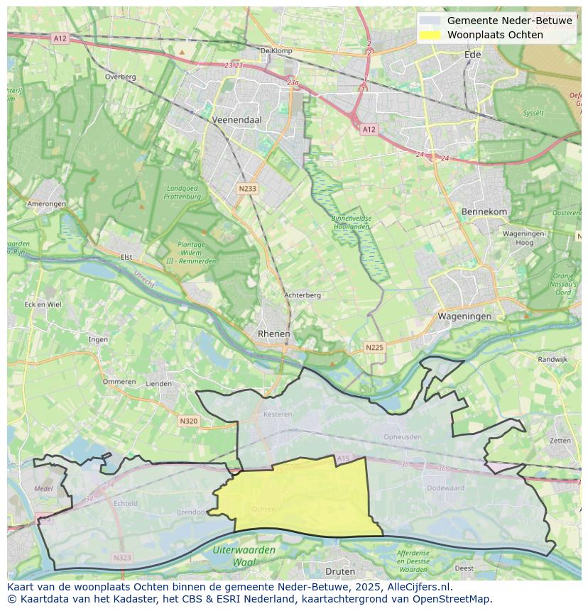 Afbeelding van de woonplaats Ochten op de kaart.