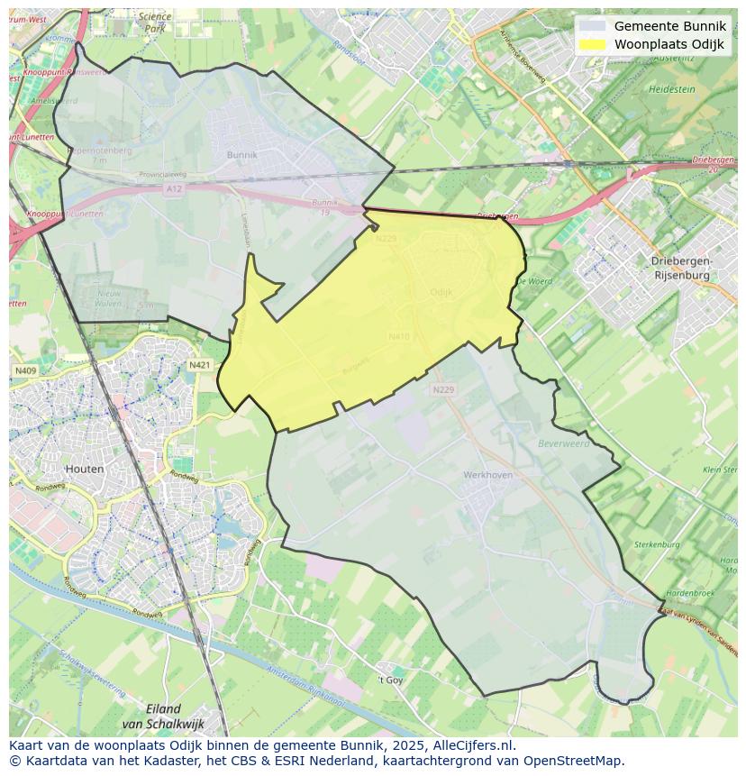 Afbeelding van de woonplaats Odijk op de kaart.