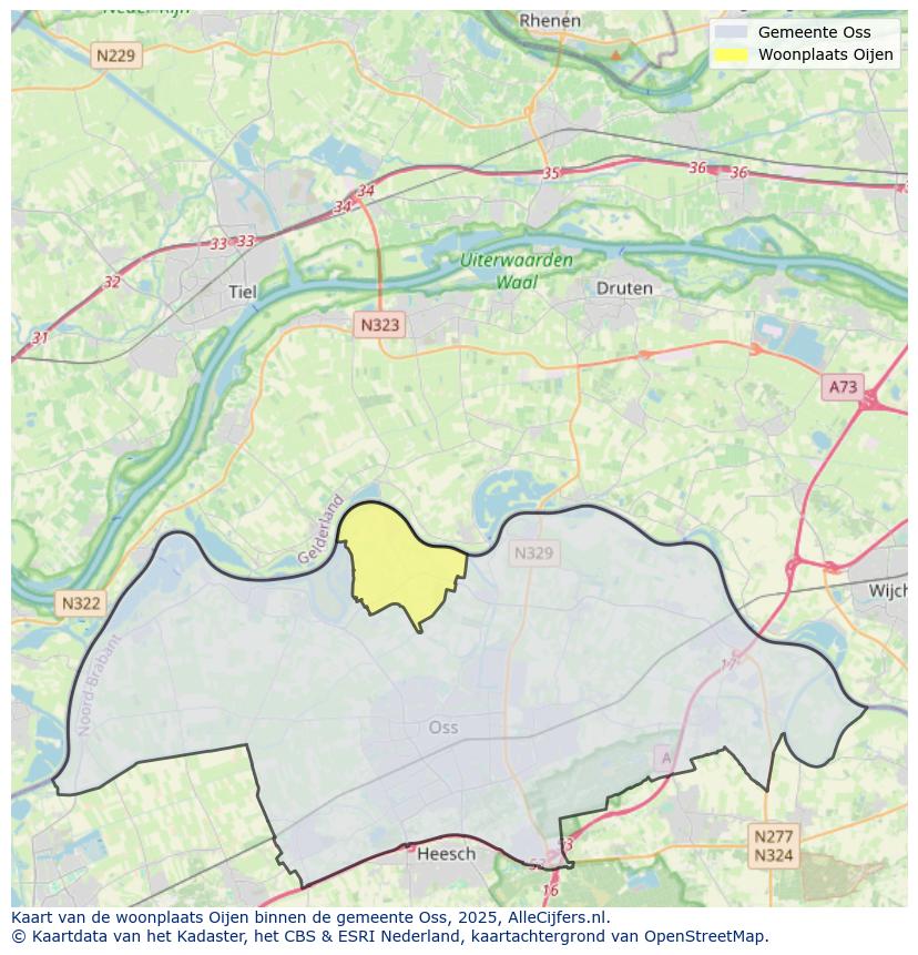 Afbeelding van de woonplaats Oijen op de kaart.