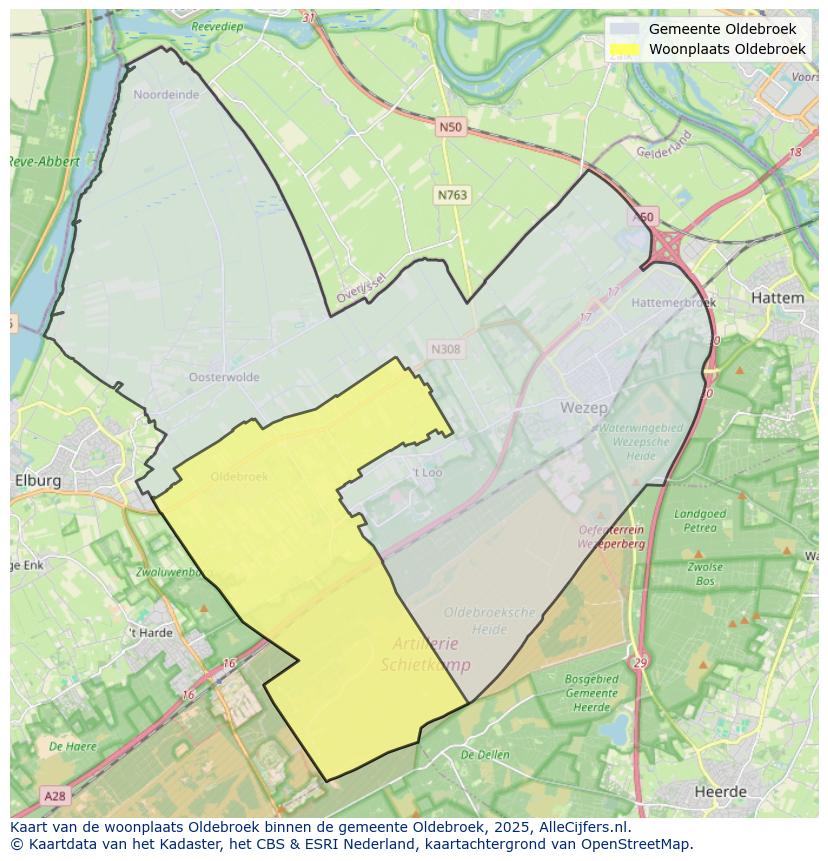 Afbeelding van de woonplaats Oldebroek op de kaart.