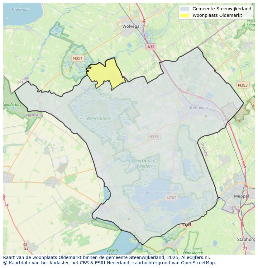 Afbeelding van de woonplaats Oldemarkt op de kaart.