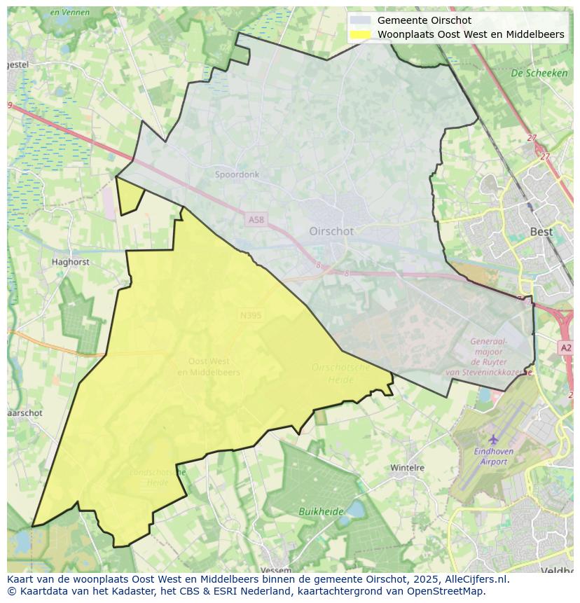 Afbeelding van de woonplaats Oost West en Middelbeers op de kaart.