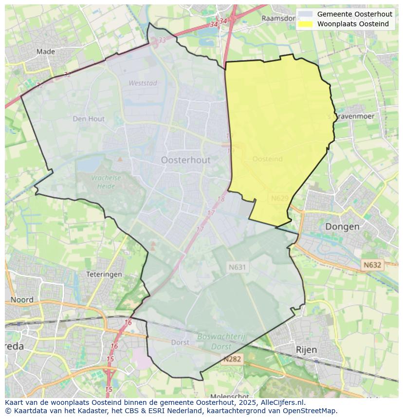 Afbeelding van de woonplaats Oosteind op de kaart.