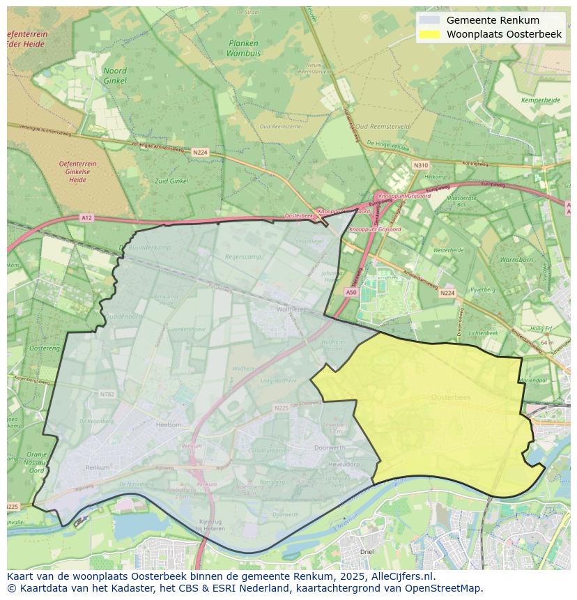 Afbeelding van de woonplaats Oosterbeek op de kaart.