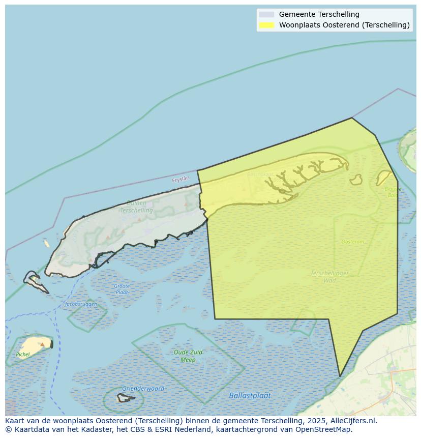 Afbeelding van de woonplaats Oosterend op de kaart.