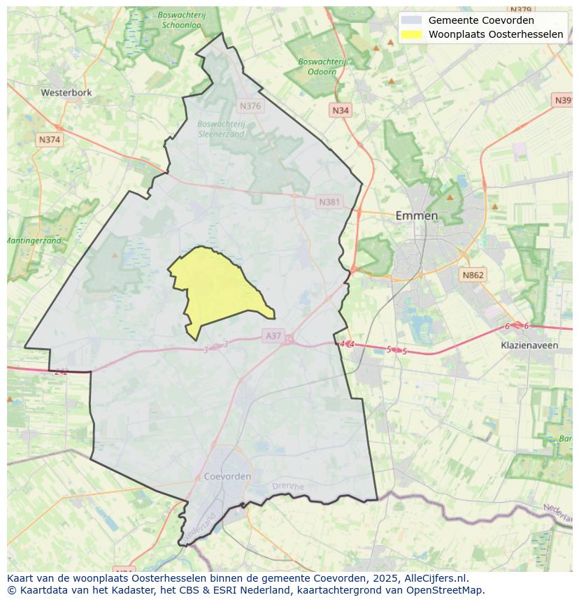 Afbeelding van de woonplaats Oosterhesselen op de kaart.